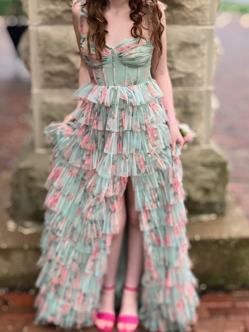 Windsor Mint and Pink Ruffled Tulle Prom Gown Size 1/2